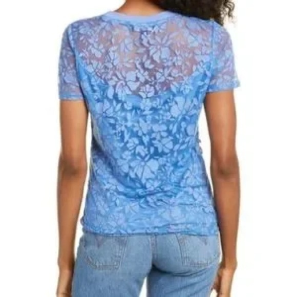 New Laundry by Shelli Segal Floral Burnout Tee Dutch Blue Sz M - Picture 2 of 9